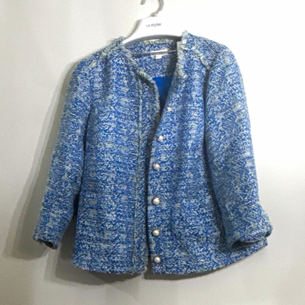 Susan Graver Women’s Blue Button-Front Short Jacket w/ Pockets Knit Sleeve 10